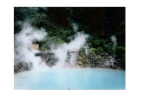 Polaroid of blue hot spring in Beppu, Japan