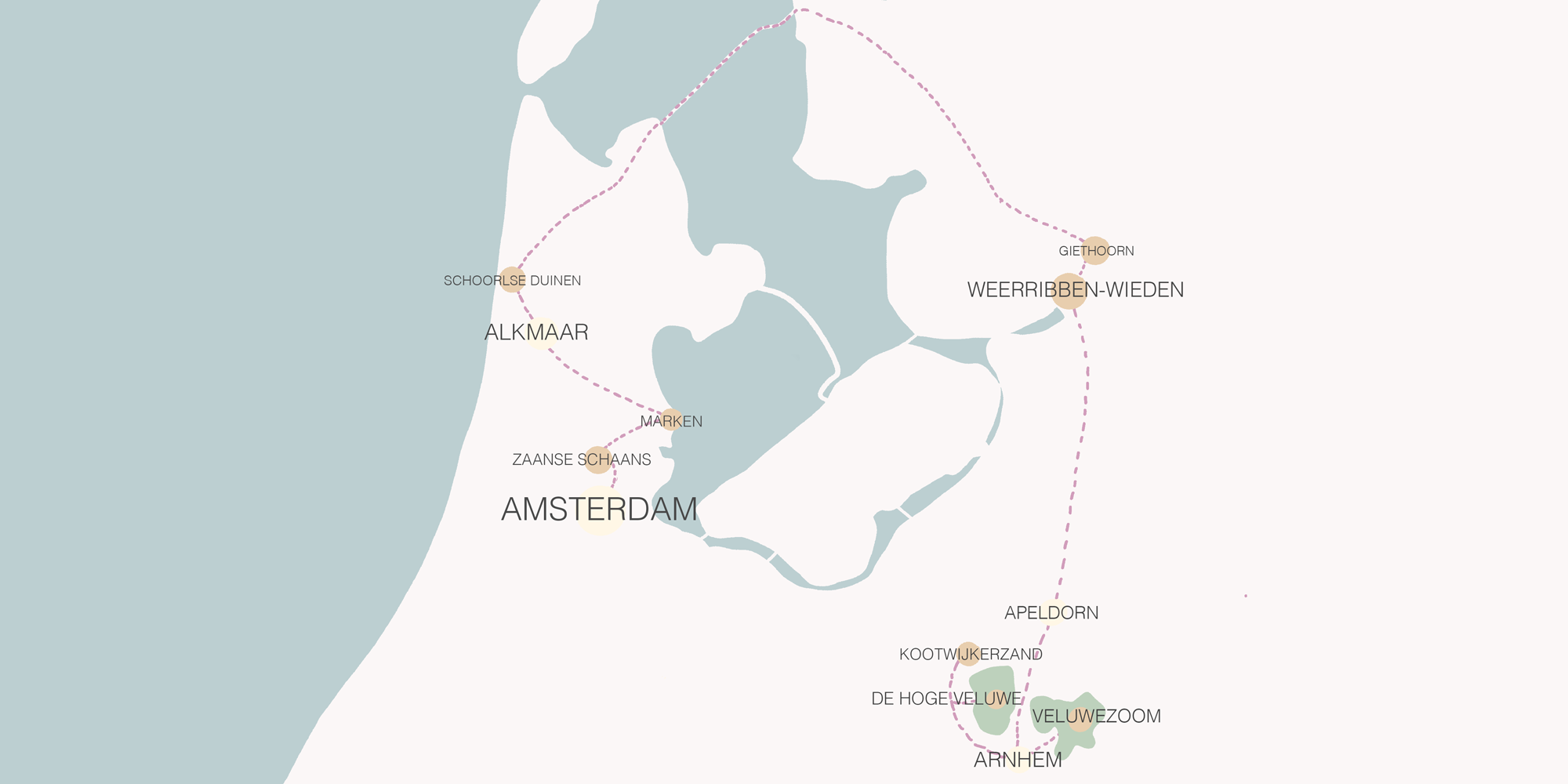 Karte mit der Route für einen Roadtrip durch die Niederlande